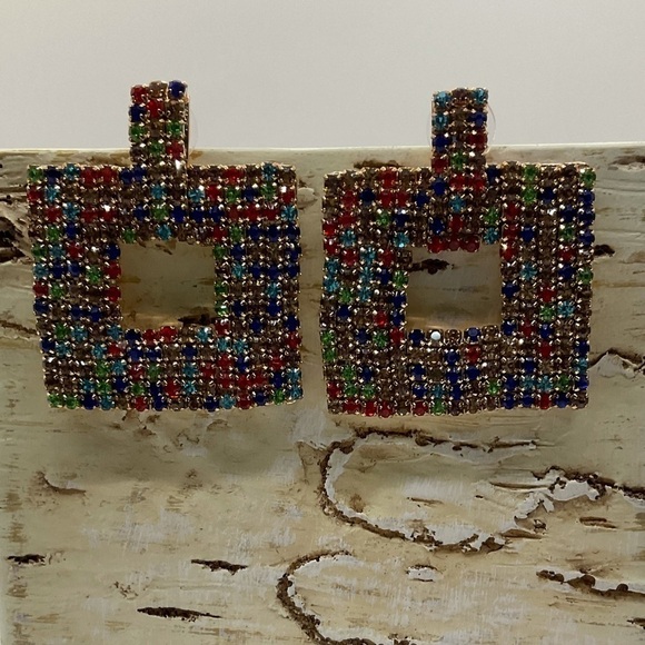 Multi-Color Geometric Diamond Studded Rhinestone Drop Earrings - Picture 3 of 7